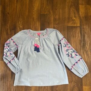 Lilly Pulitzer Light Blue Embroidered Peasant Blouse with Pink & Navy Tassels